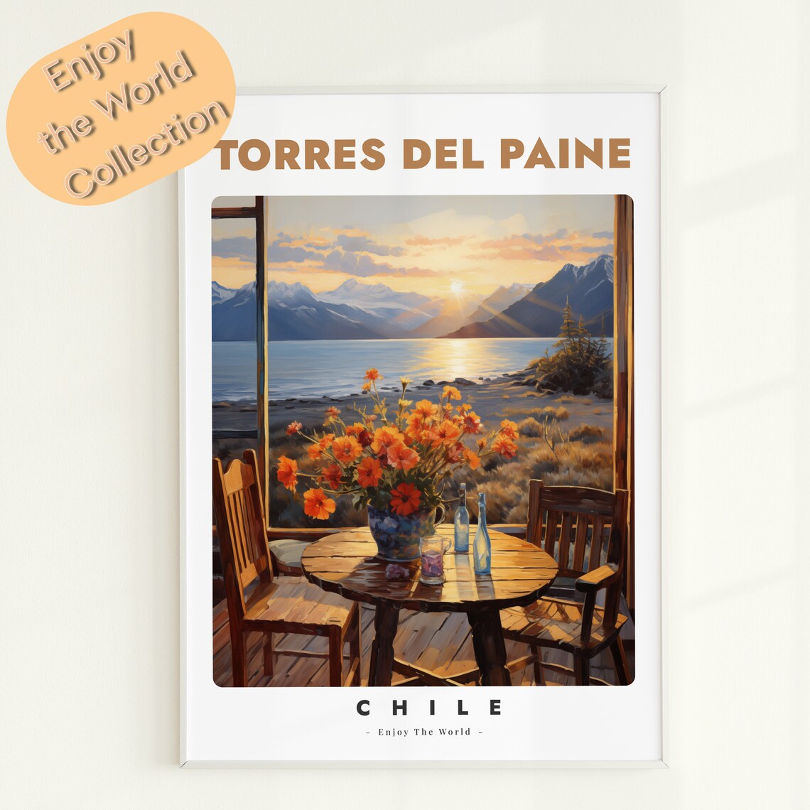 Torres Del Paine Chile Sunset Lake Terrace Flower Travel Poster