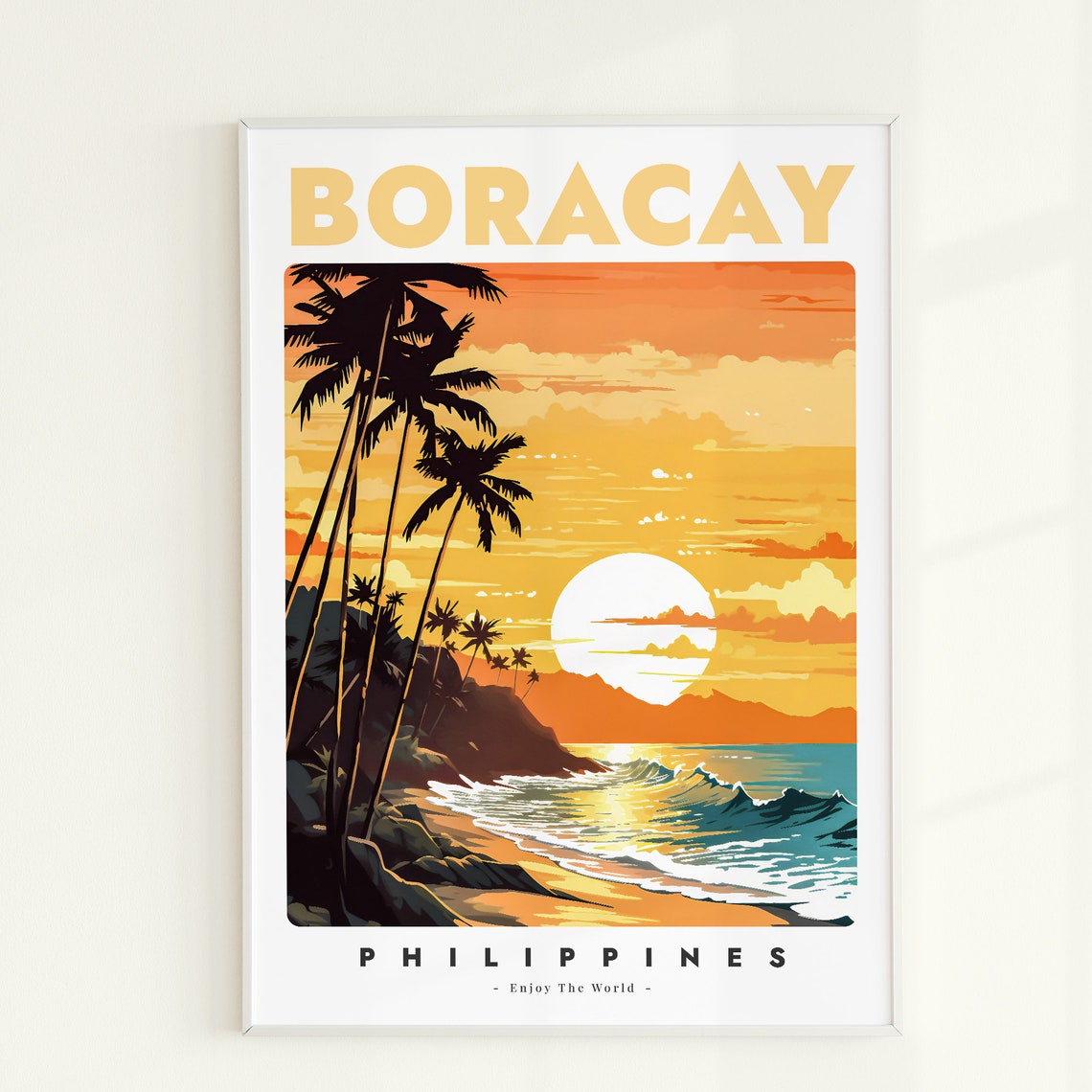 Boracay Philippines Sunset Beach Palm Silhouette Retro Travel Poster