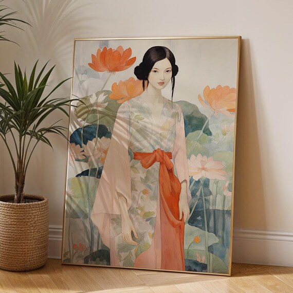 Japanese Portrait Poster Watercolor Kimono Woman Art Print Illustration Elegant Botanical Drawing For Bedroom