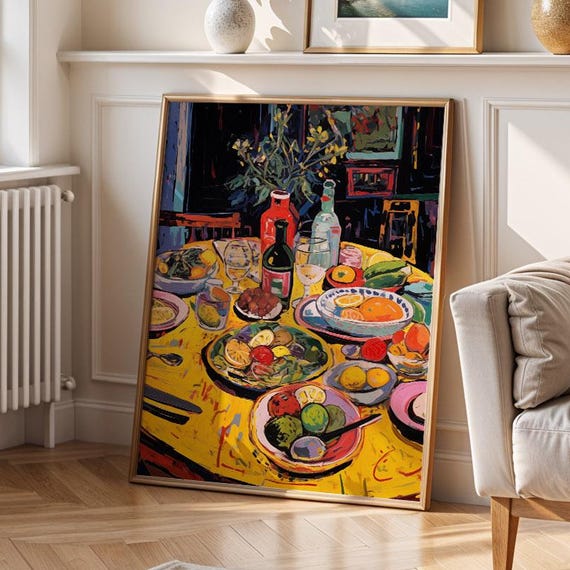 Eclectic Food Poster, Colorful Dinner Table Art Print
