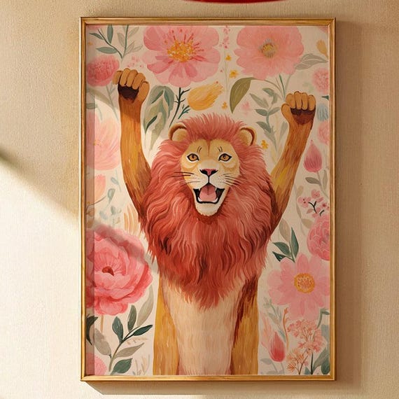 Nursery Animal Poster Joyful Lion With Florals Illustration Print For Girls Room Playful Art Drawing