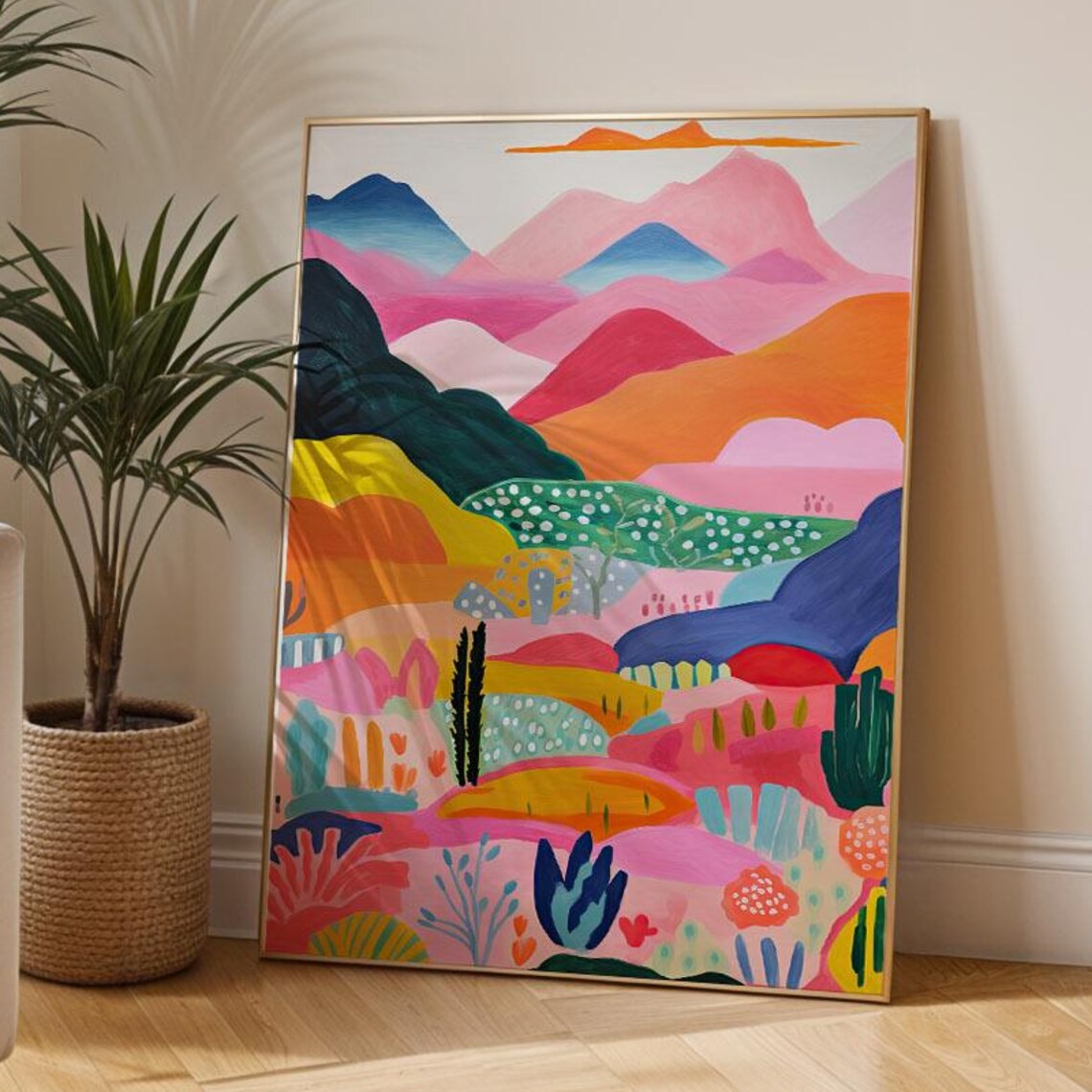 Abstract Landscape Poster Vibrant Mountain Hills Print Illustration For Bedroom Or Office Colorful Modern Drawing