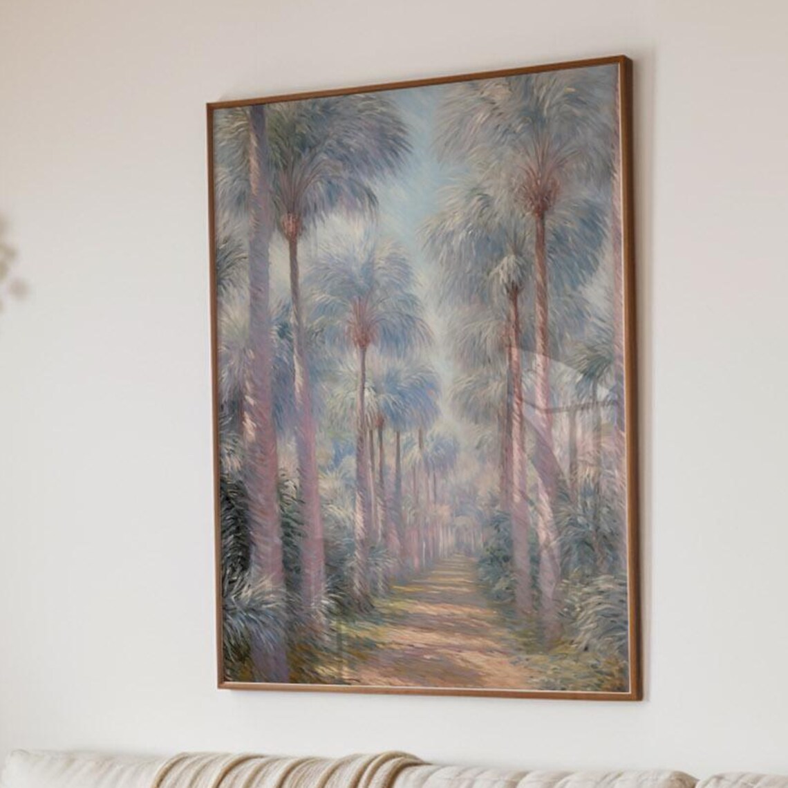 Tropical Landscape Poster Misty Palm Tree Path Art Print In Soft Pastels Dreamy Coastal Drawing Wall Illustration