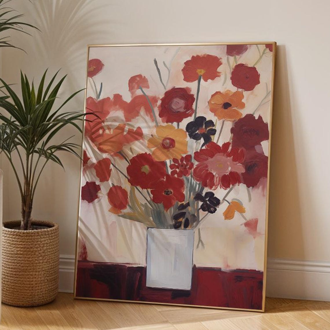 Bold Red Orange Painterly Flowers Vase Floral Art Wall Print