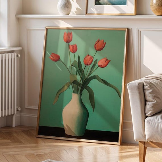 Floral Still Life Poster Red Tulips In Vase Wall Art Print With Green Background Minimal Botanical Drawing