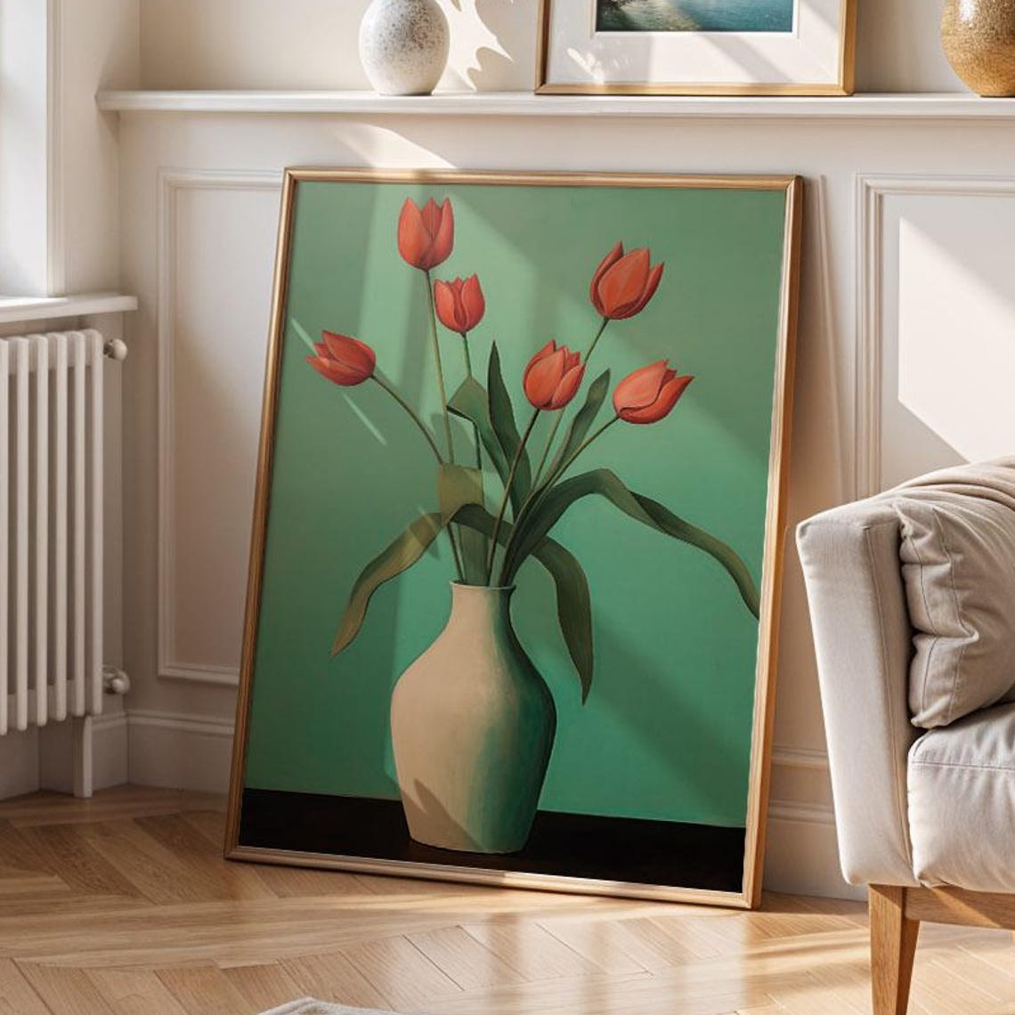 Floral Still Life Poster Red Tulips In Vase Wall Art Print With Green Background Minimal Botanical Drawing
