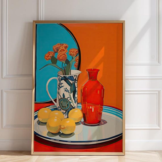 Fruit Art Wall Poster Bold Orange Lemon Still Life Print Illustration For Kitchen Colorful Drawing And File