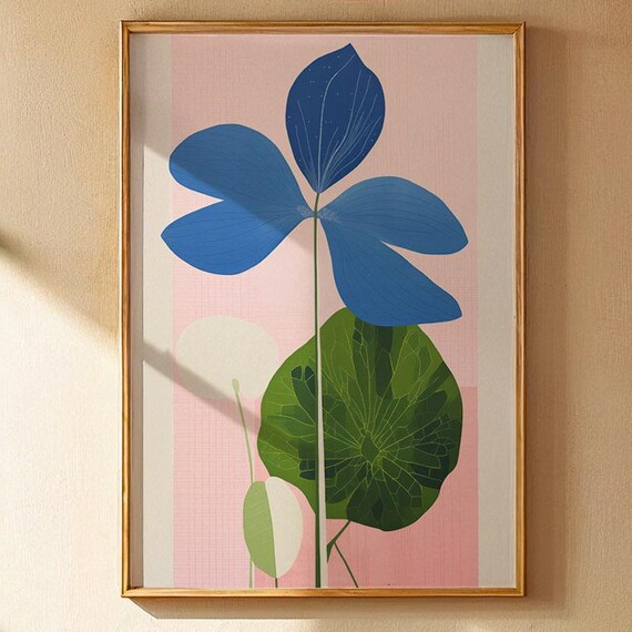 Botanical Wall Art Poster Blue Modern Flower Print Illustration For Bedroom Or Office Minimalist Drawing