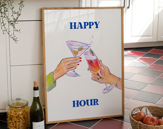 Happy Hour Print Bar Cart Wall Art Retro Cocktails Poster Aesthetic Bar Cart Decor Bar Cart Prints Happy Hour Art
