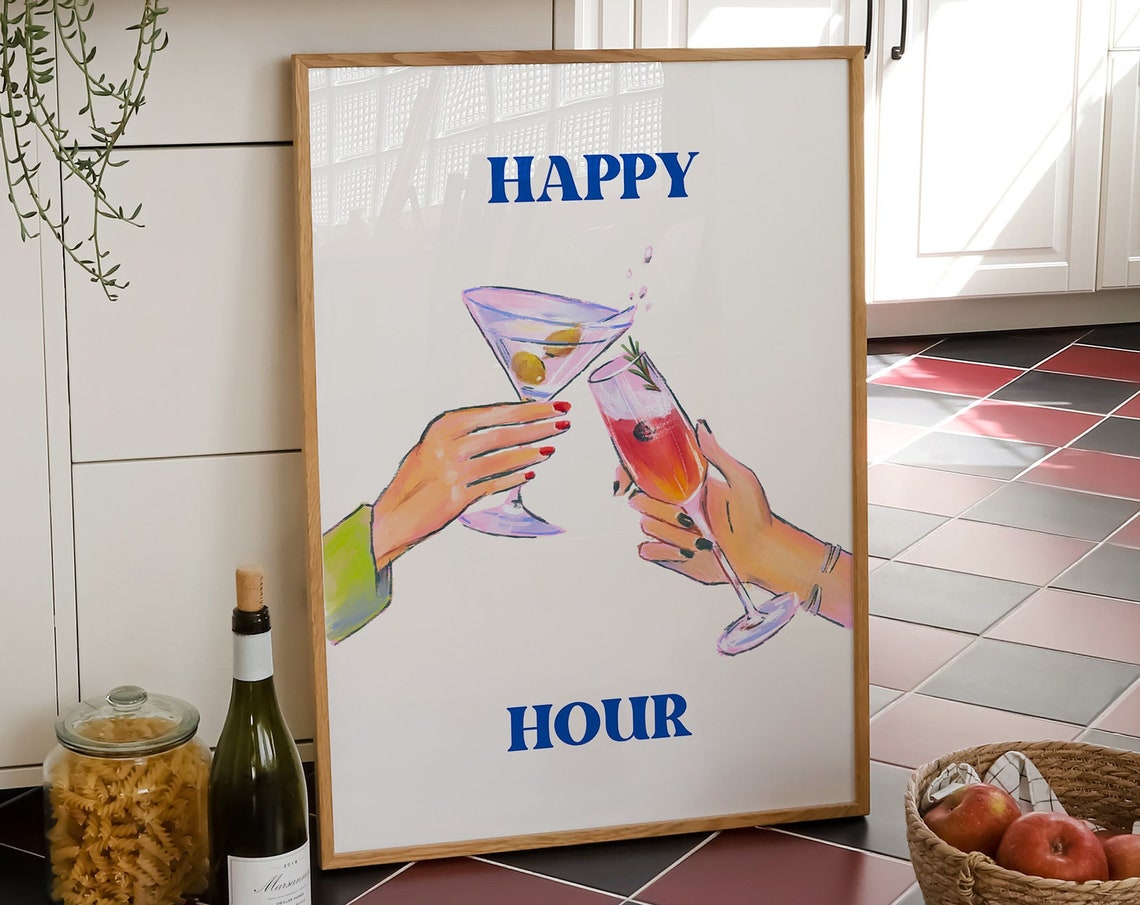 Happy Hour Martini and Spritz Toast Hands Blue Cocktail Bar Poster