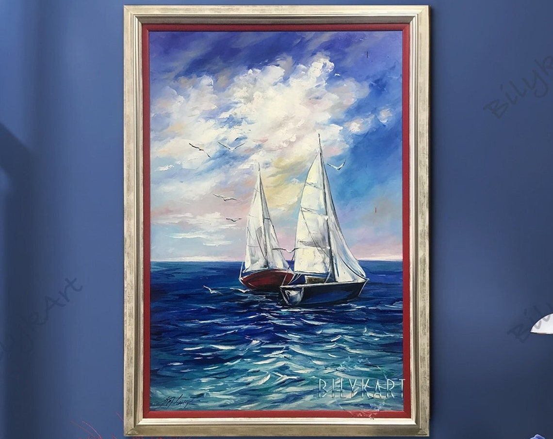 Large Sailboat At Sea Oil Painting On Blue Ocean Wave Wall Art Sailboat Paintings Boat Artwork Large Boat Seascape Oil Painting - Image 2
