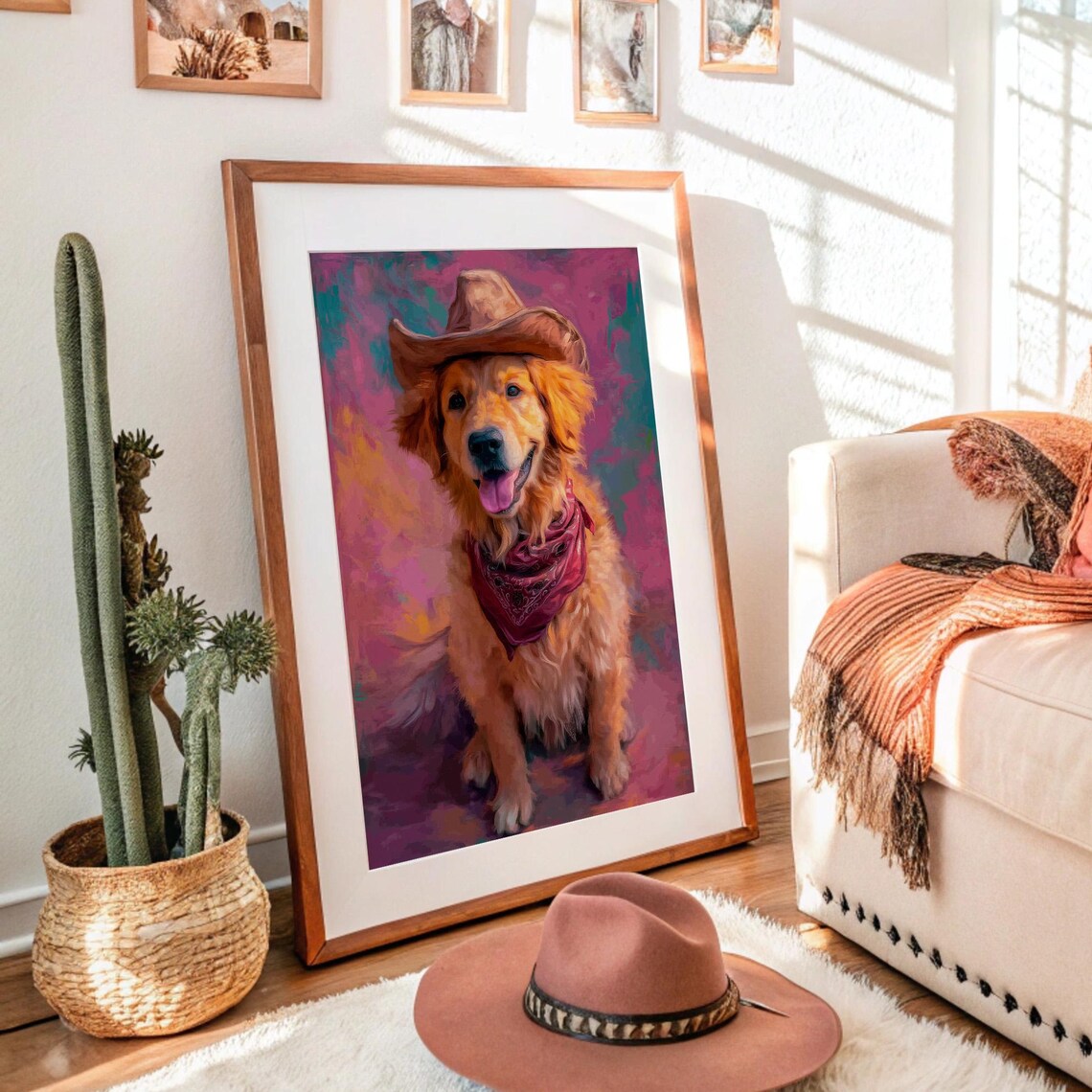 Golden Retriever Cowboy Hat Bandana Colorful Dog Portrait Poster