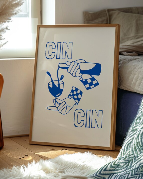 Cin Cin Cheers Wine Pour Blue Line Art Kitchen Bar Cart Poster