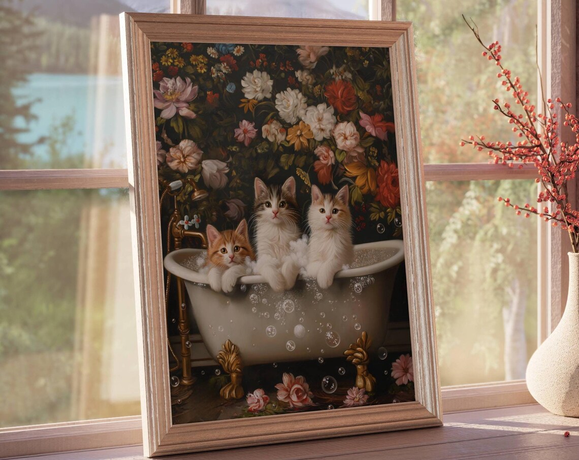 Three Cute Kittens In A Bubble Bath Vintage Floral Art Poster - Image 7