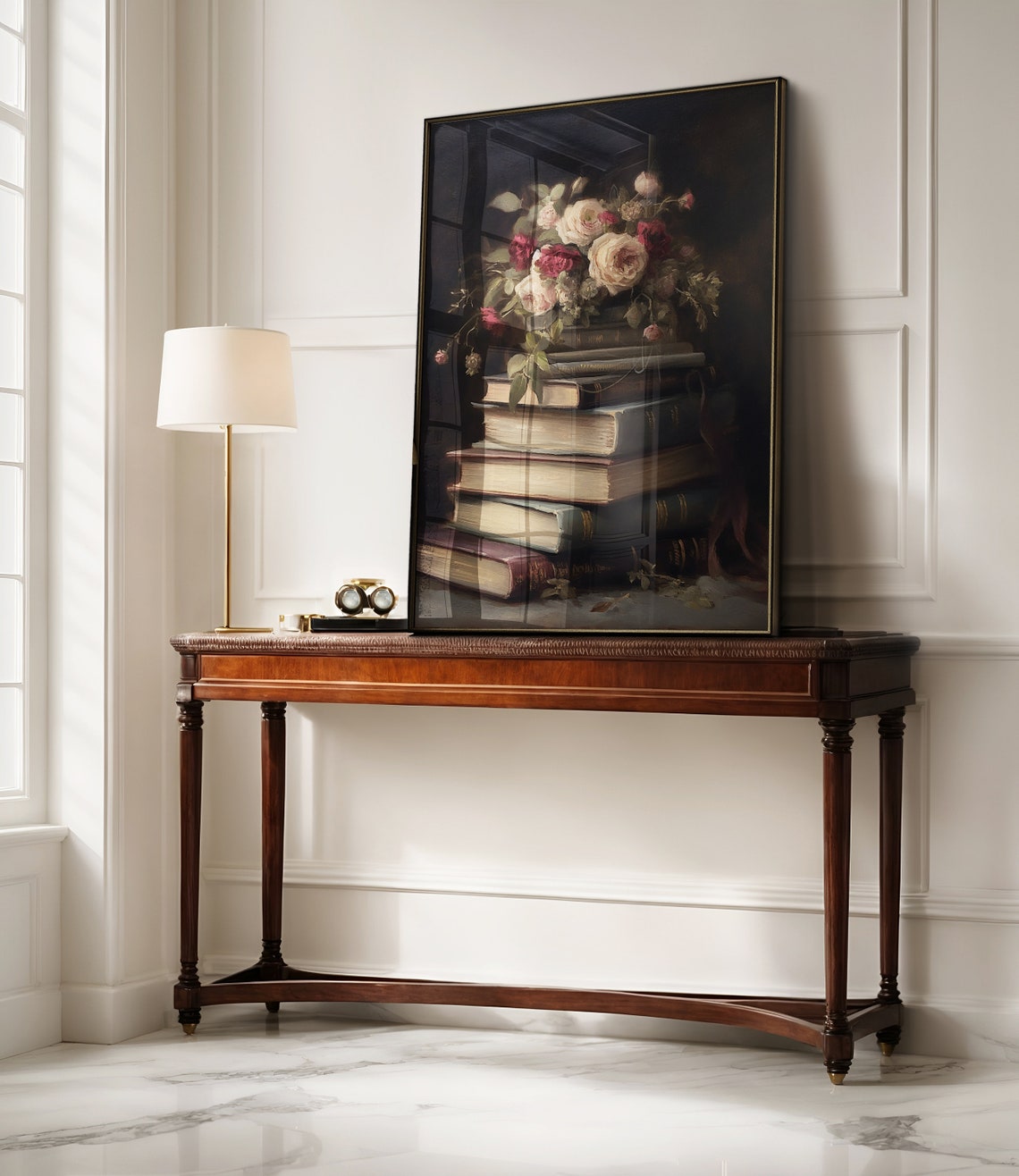 Antique Book Stack Still Life Vase Of Roses Dark Academia Print - Image 3