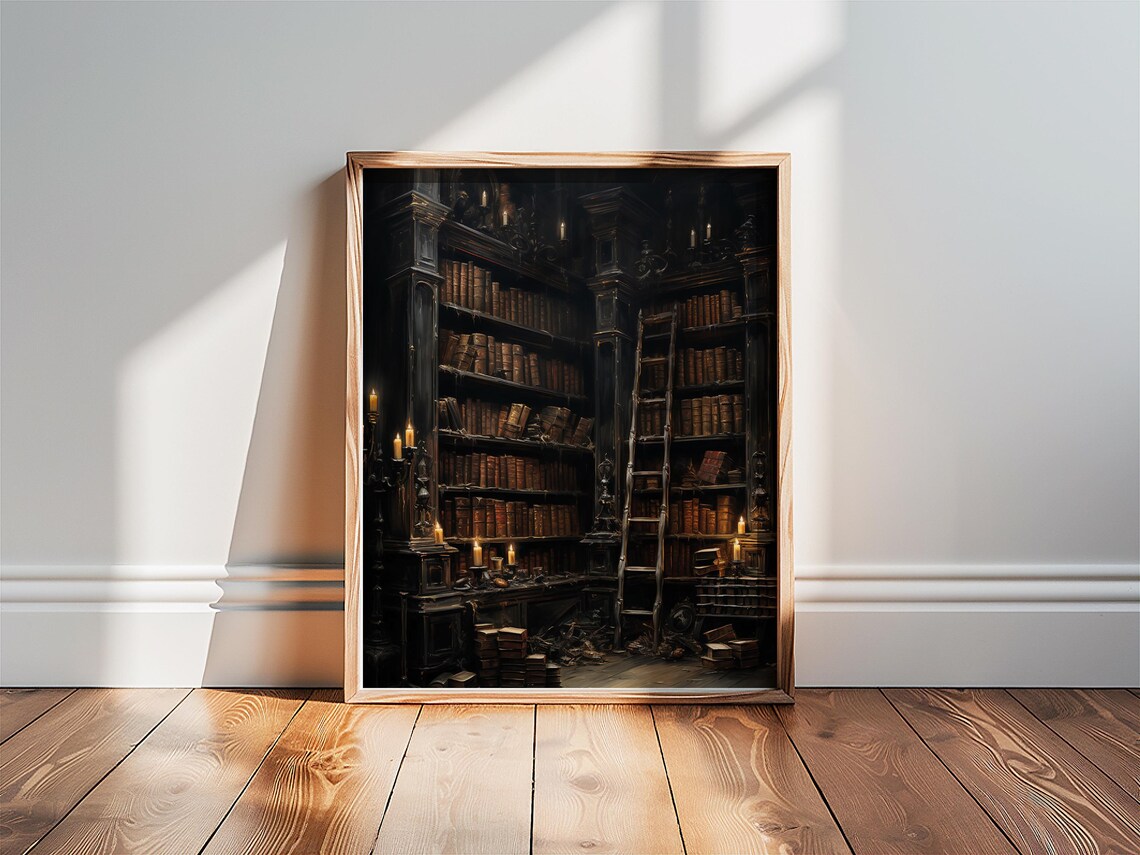 Dark Antique Library Wall Art Dark Academia Decor Gothic Print Moody Book Lover Painting - Image 4
