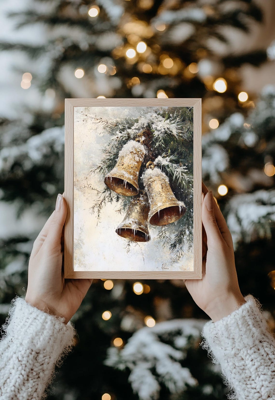 Frosty Christmas Bells Snowy Pine Branches Vintage Holiday Print - Image 2