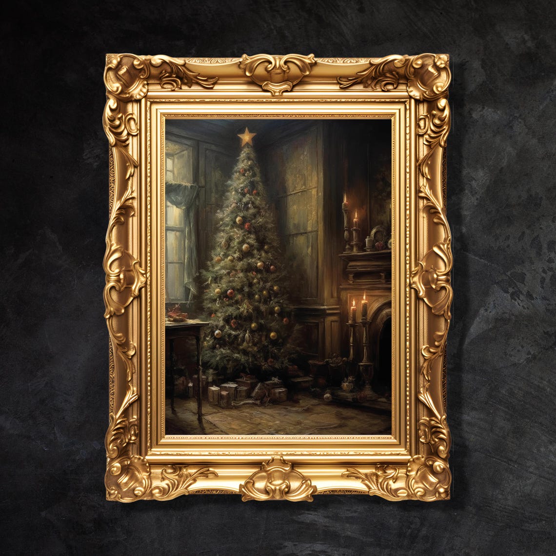 Victorian Christmas Tree Candlelit Room Fireplace Holiday Print