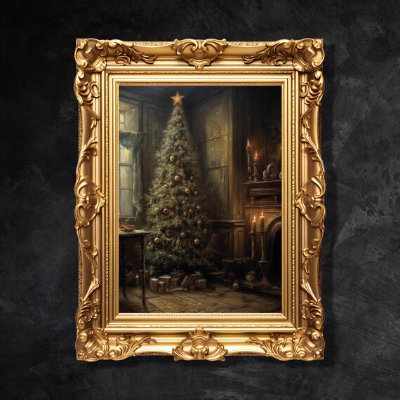 Gothic Christmas Tree Wall Art Dark Academia Victorian Christmas Print Gothic Decor Dark Cottagecore Decor Moody Oil Painting
