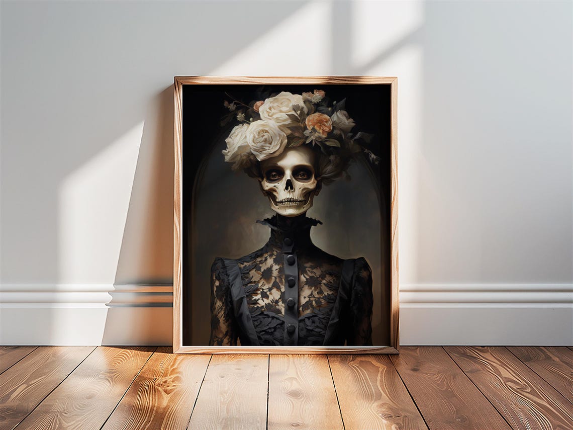 Skeleton Lady Portrait Flower Crown Black Lace Victorian Goth Print - Image 2