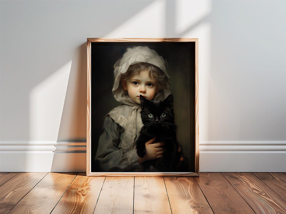 Victorian Girl Holding Black Cat Moody Portrait Gothic Painting Print - Image 2