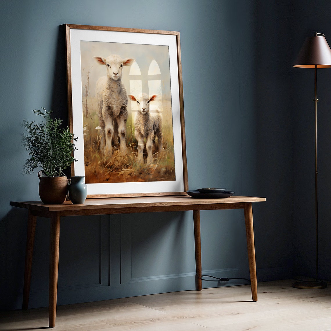 Two Lambs Standing In Golden Field Vintage Easter Animal Pair Print - Image 4