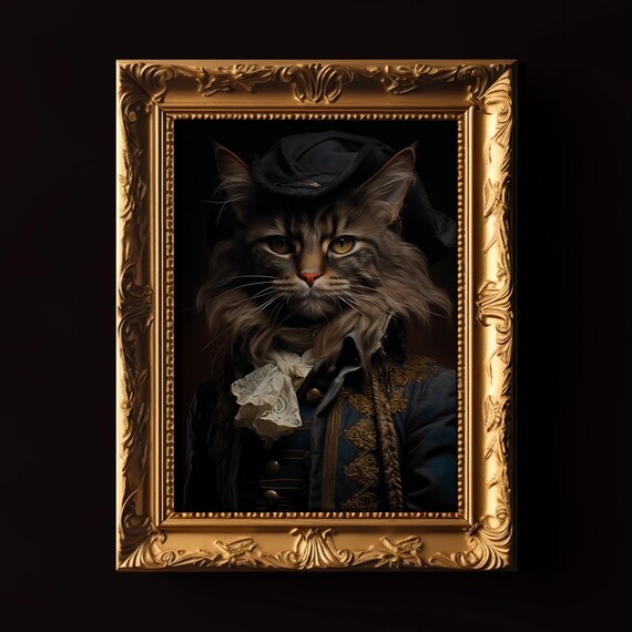 Royal Black Cat Portrait Tricorn Hat Victorian Gothic Cat Painting Print