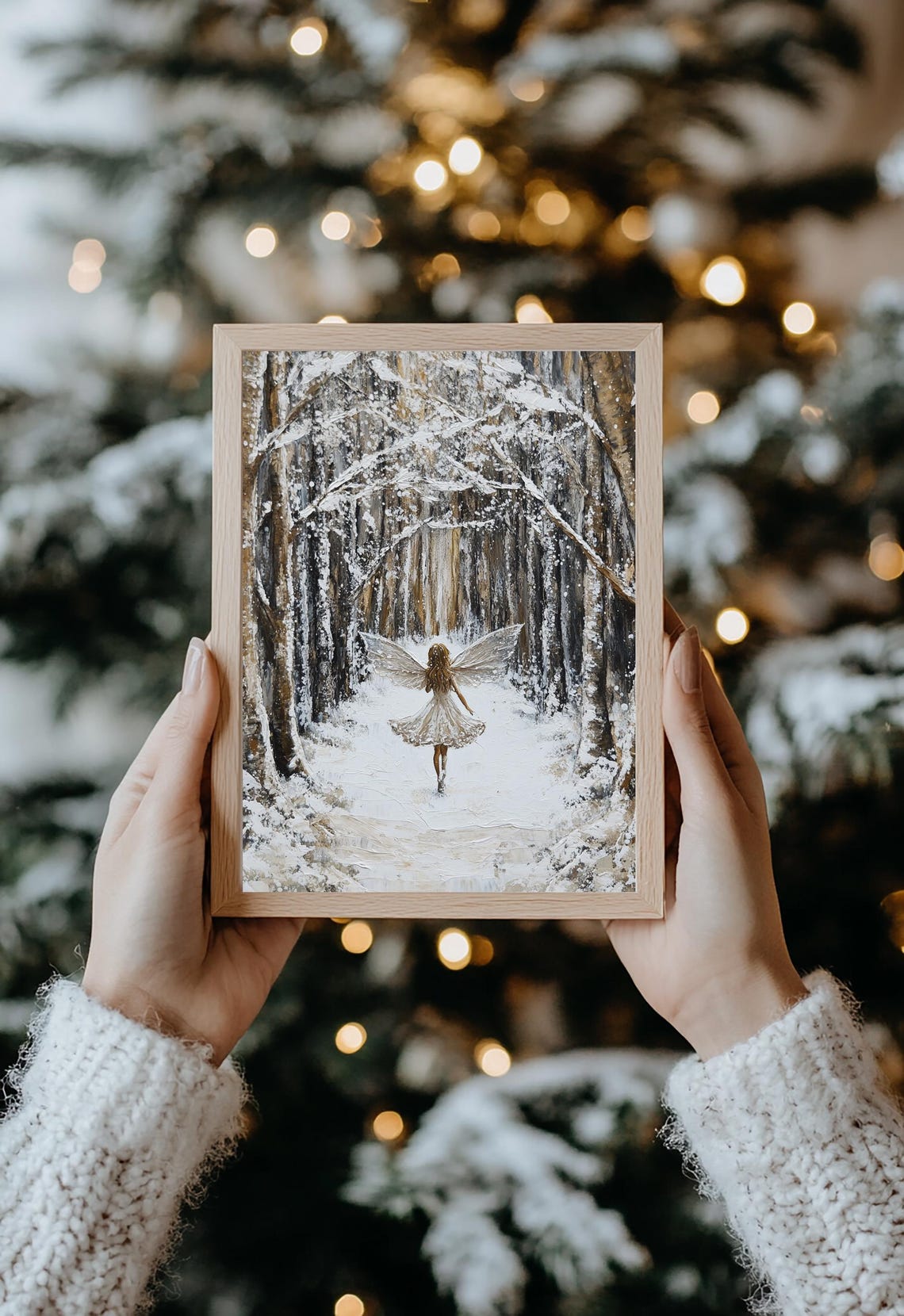 Winter Fairy In Snowy Birch Forest Path White Dress Fantasy Print - Image 2
