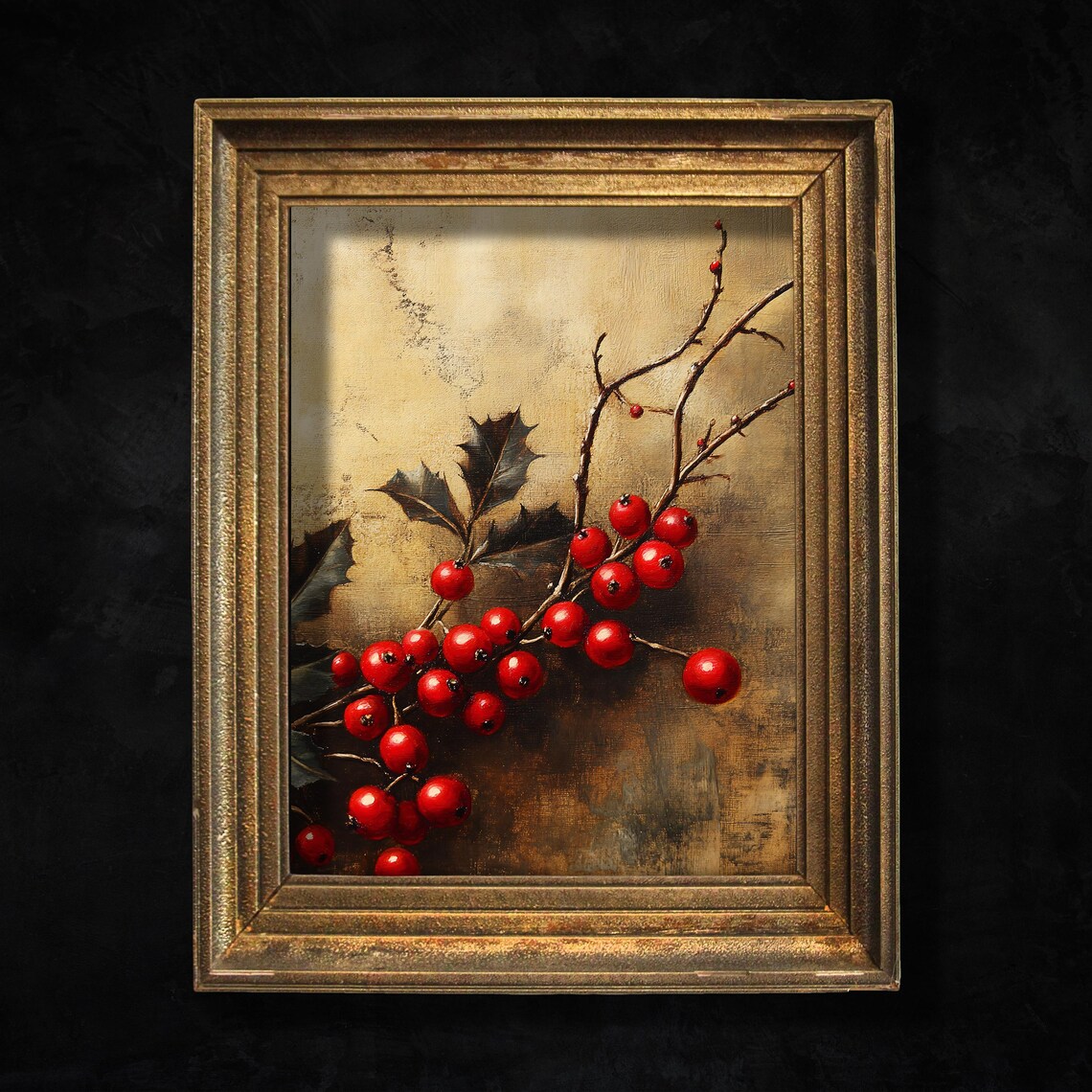 Red Holly Berries Branch On Gold Vintage Christmas Botanical Poster