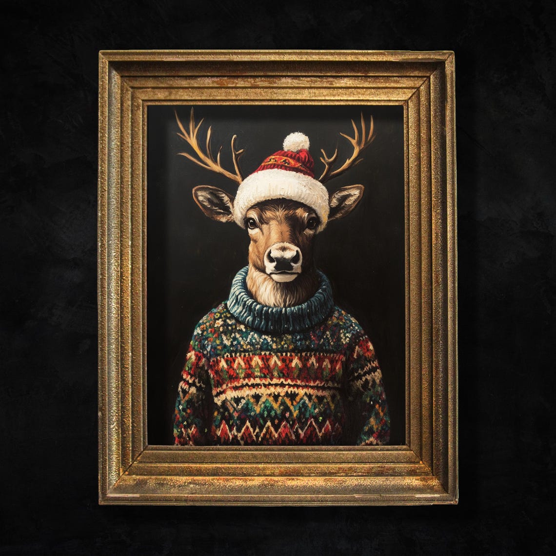 Reindeer In Santa Hat Fair Isle Sweater Cute Christmas Print