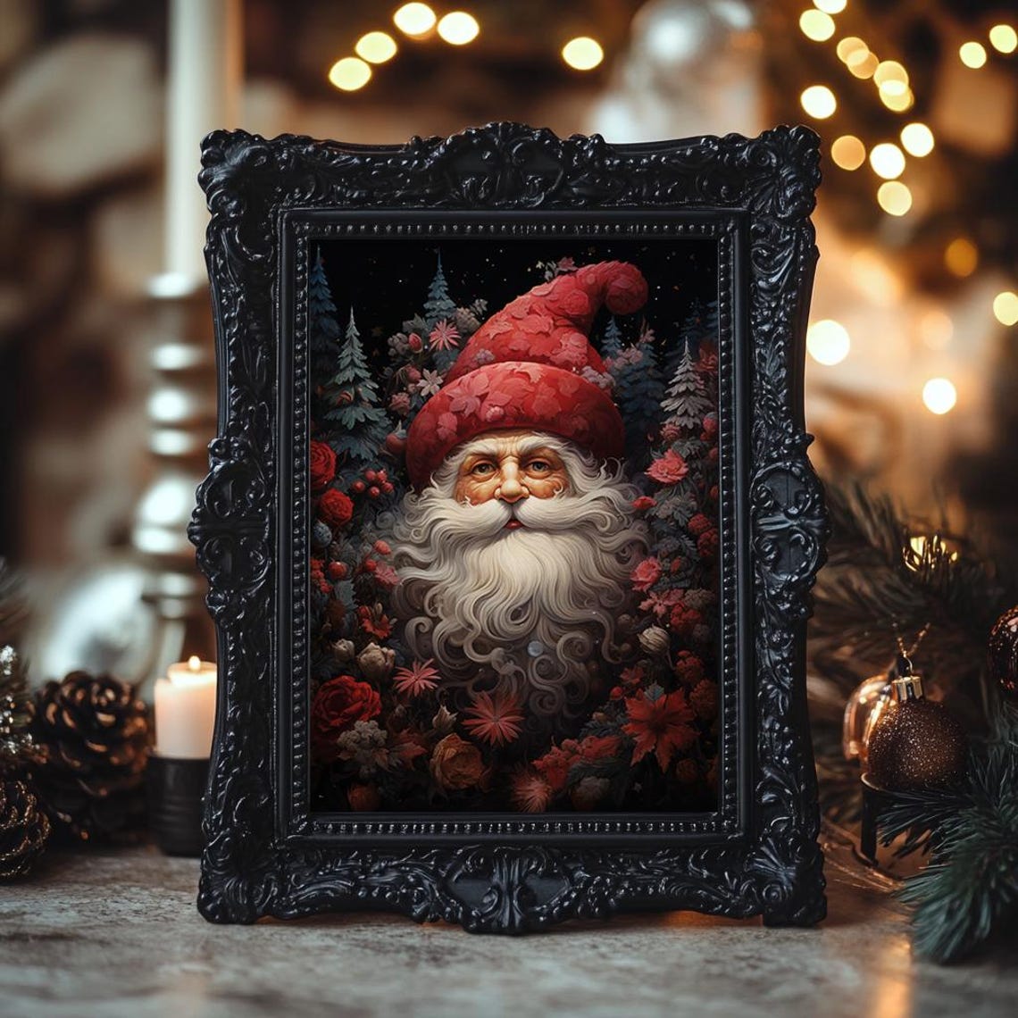 Santa Claus Face In Night Forest Flowers Vintage Christmas Print - Image 3