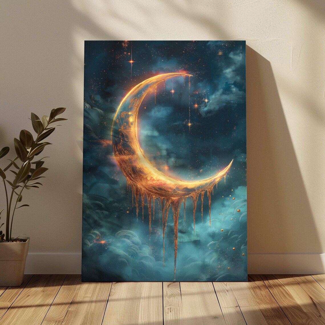 Dripping Gold Crescent Moon Starry Night Sky Dreamy Celestial Poster - Image 2