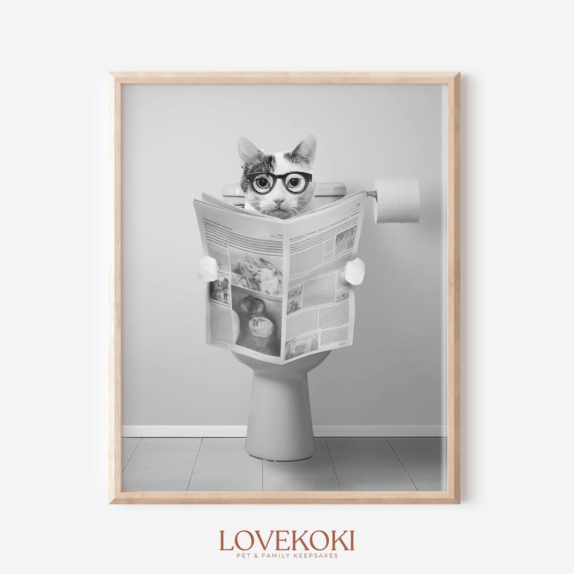 Cat With Glasses Reading Newspaper On Toilet Funny Bathroom Poster