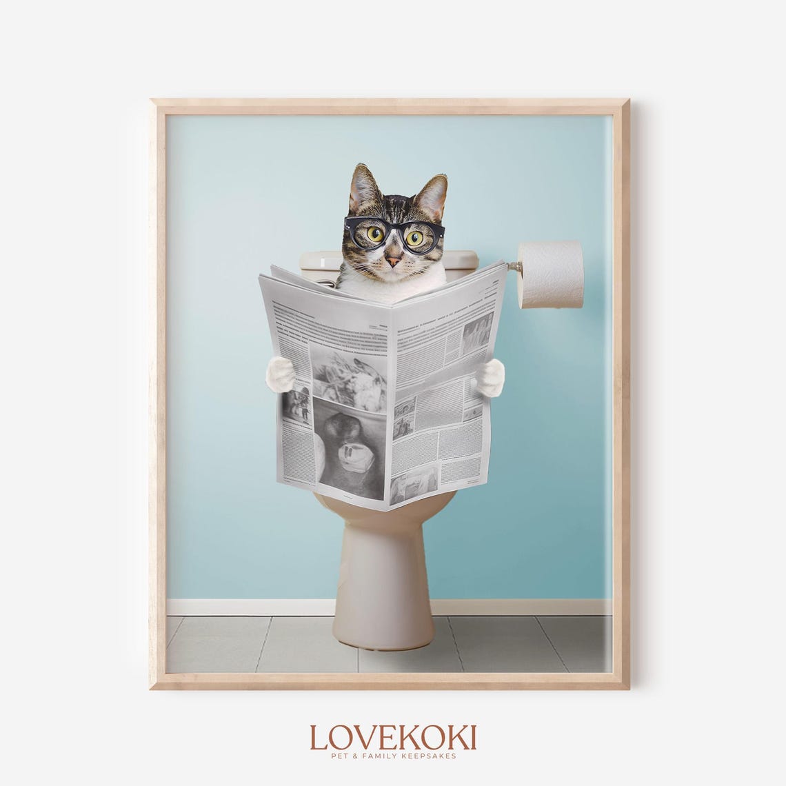 Tabby Cat In Glasses Reading Newspaper On Toilet Bathroom Poster