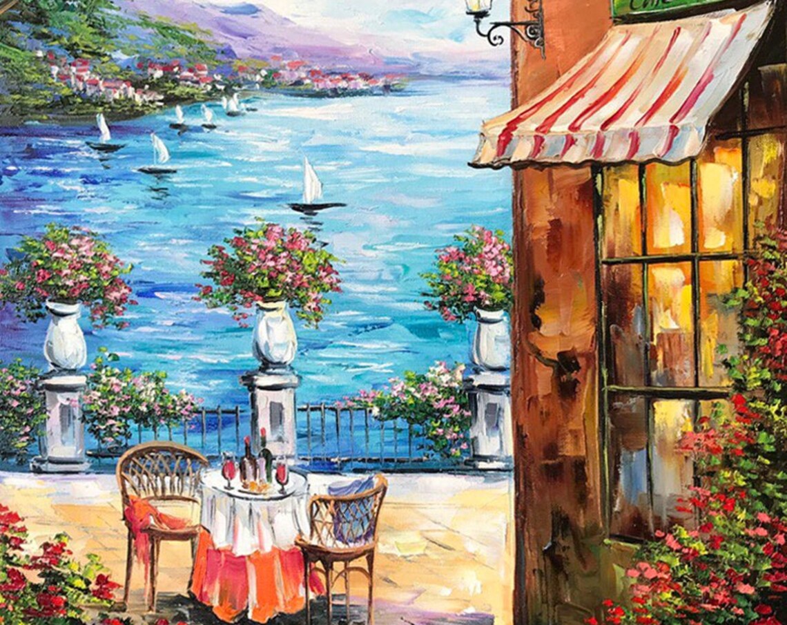 Italian Cafe Landscape, Mediterranean Oil Painting Art