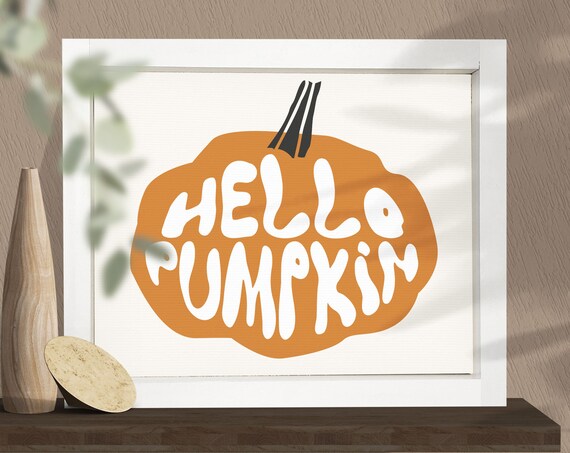 Hello Pumpkin Fall Sign Orange Pumpkin Shape White Frame Poster