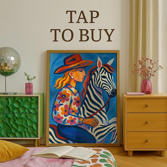 Zebra And Cowgirl Art Print Colorful Western Wall Pop Floral Shirt Poster Bold Animal Decor Retro Illustration