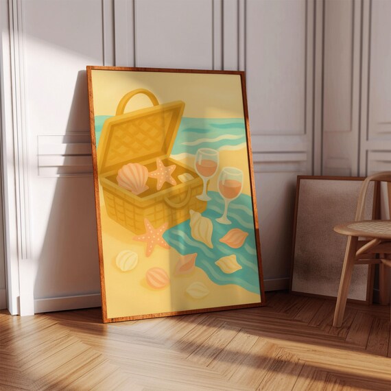 Seashell Picnic Beach Illustration Poster Pastel Coastal Summer Wall Decor