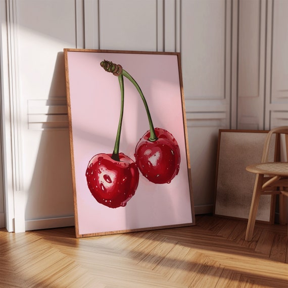Cherry Art Print Kitchen Decor Red Wall Poster Preppy Trendy Pink Oil Painting Retro Fruit Vintage Food Cheri
