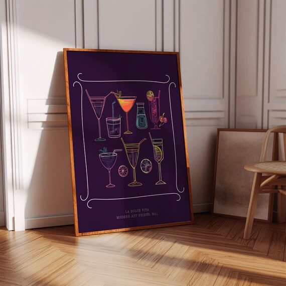 La Dolce Vita Cocktail Glasses Neon Purple Retro Bar Cart Poster