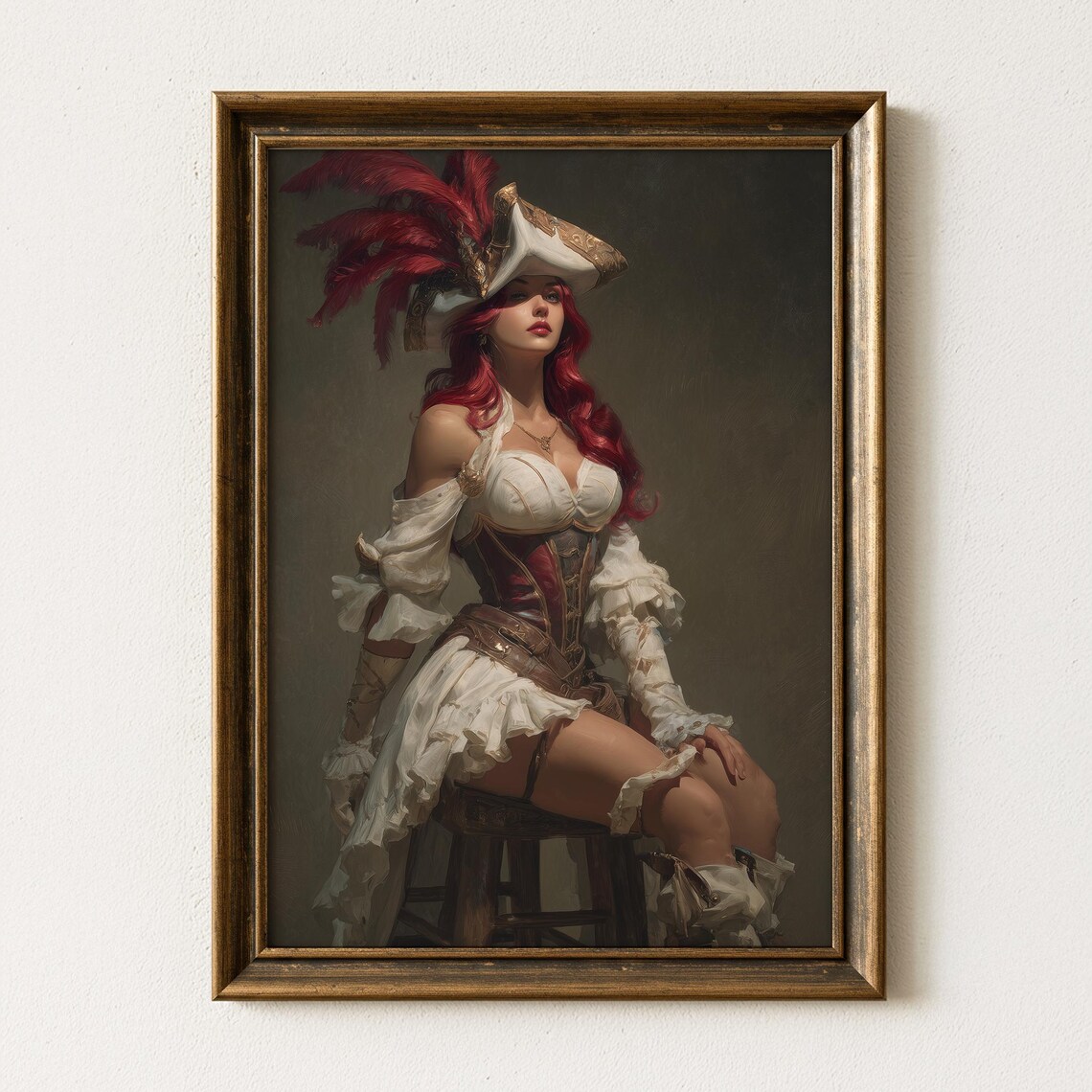 Red Haired Pirate Woman with Feathered Hat Baroque Fantasy Poster