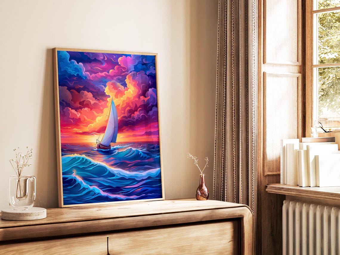 Sailboat On Stylized Waves Under A Dramatic Pink Sunset Sky Poster - Image 3