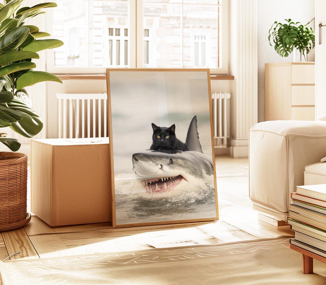 Funny Black Cat Riding A Great White Shark In The Ocean Poster - Image 3