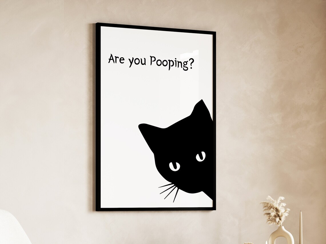 Minimalist Black Cat Silhouette Are You Pooping Quote Funny Bathroom Poster - Image 4