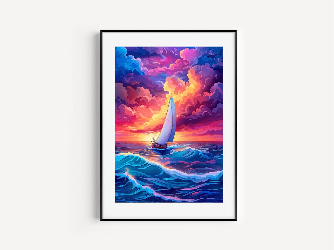 Sailboat On Stylized Waves Under A Dramatic Pink Sunset Sky Poster - Image 2