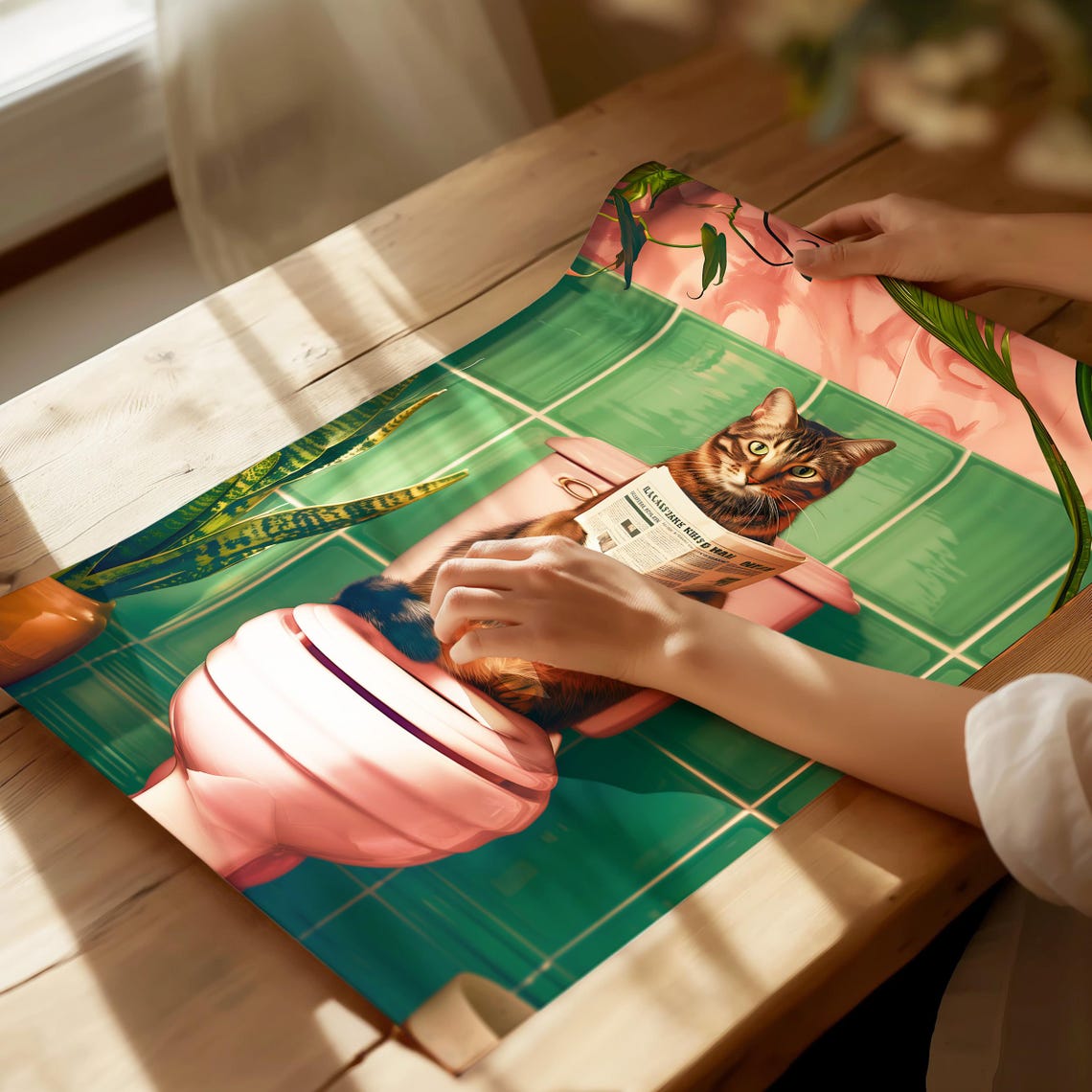 Tabby Cat Reading Newspaper On A Pink Toilet With Green Tiles Poster - Image 4