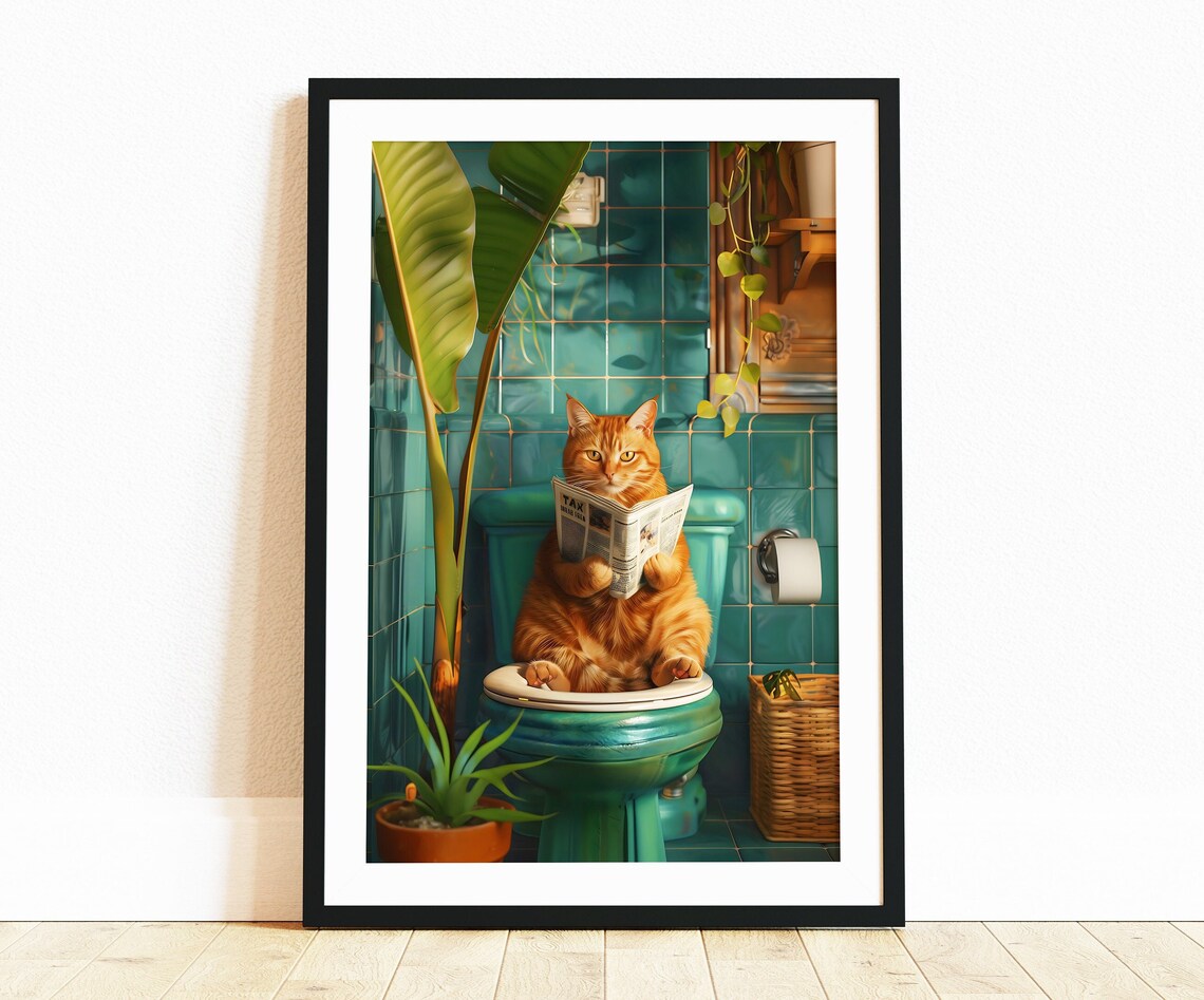 Orange Cat On Toilet Bathroom Funny Cat Poster - Image 2