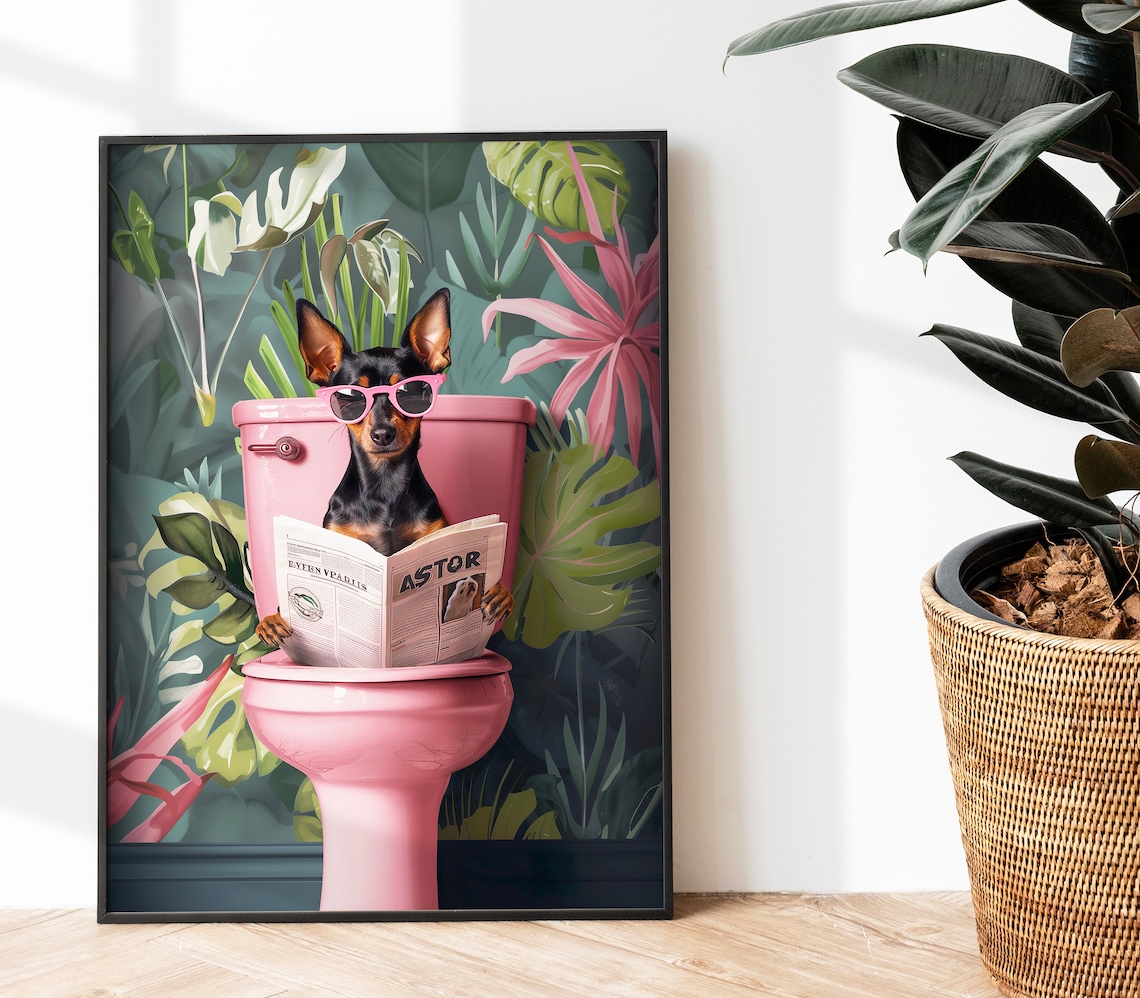 Miniature Pinscher Reading On Toilet Funny Bathroom Art Print - Image 3
