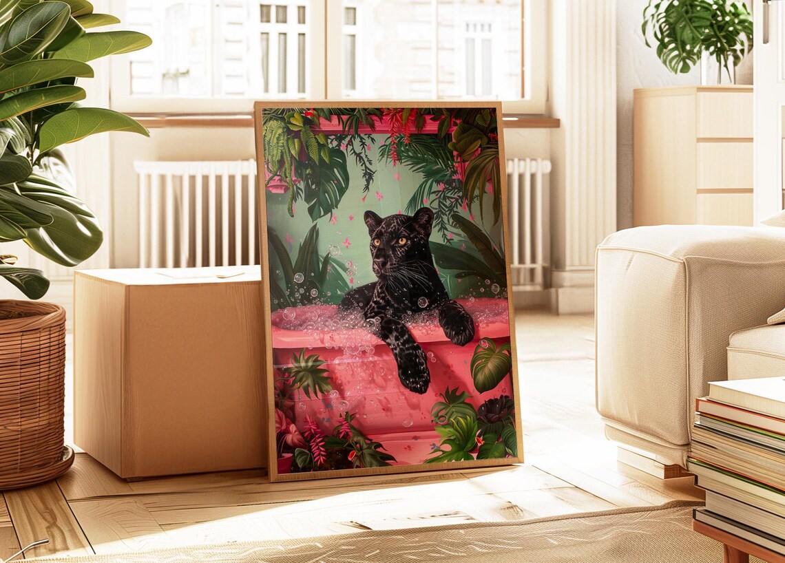 Black Leopard In Bathtub Art Print, Maximalist Decor - Image 3