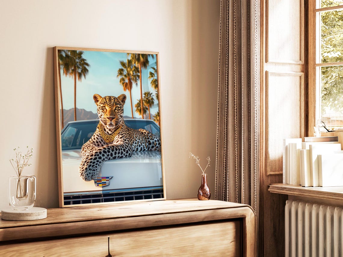 Leopard With Gold Chain On White Cadillac Classic Car Poster - Image 3